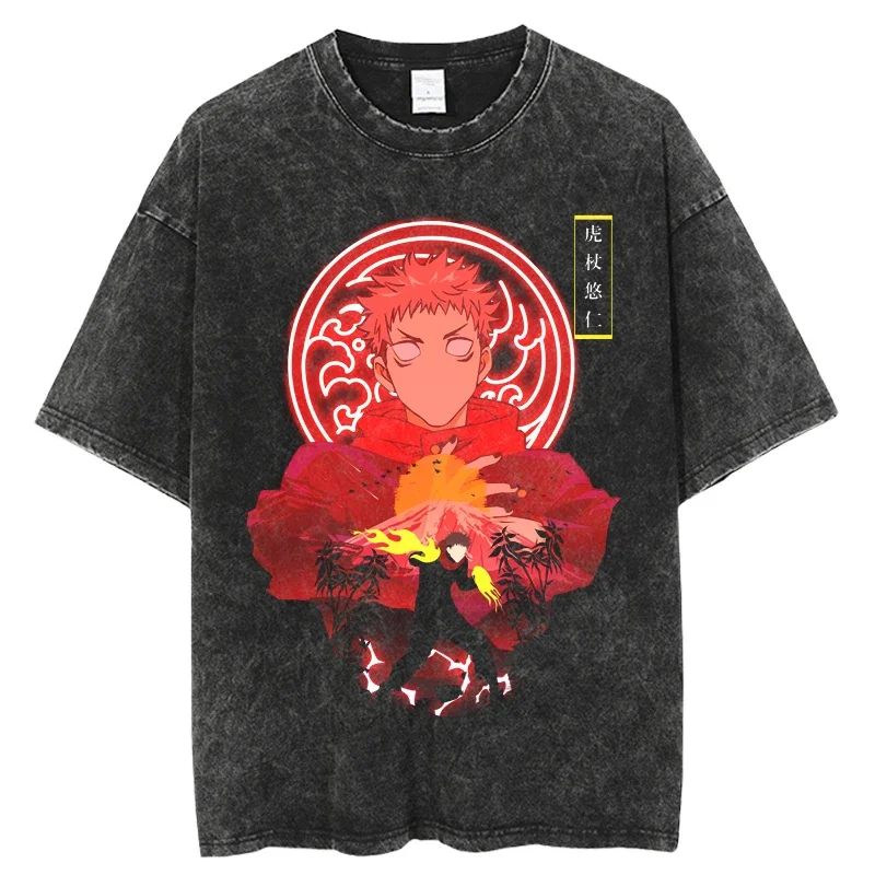 

2024 Japanese Anime Jujutsu Kaisen Summer Washed Men Hip Hop Streetwear Harajuku T-Shirt Casual Short Sleeve Unisex Tees Tops