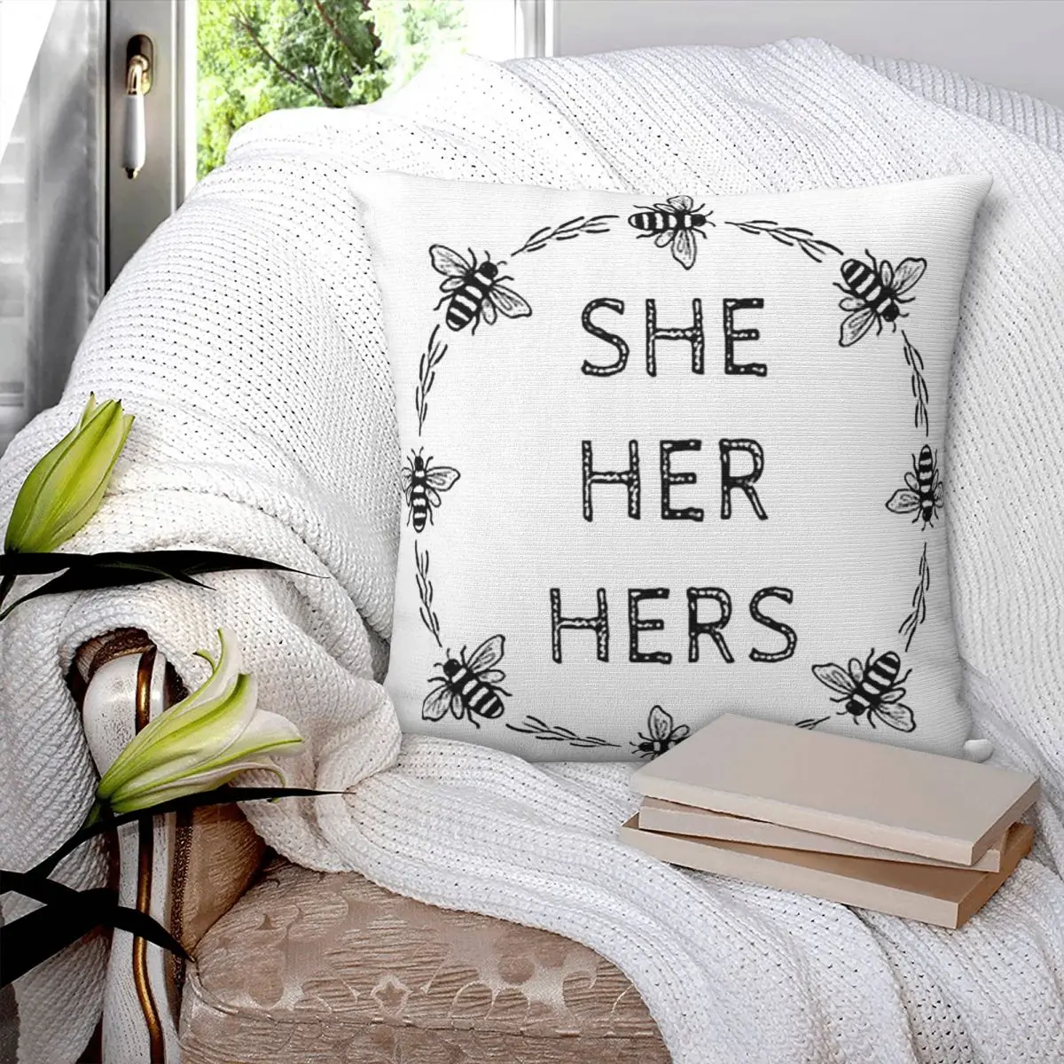 Bee Queer Pronouns She Her Hers Square Pillowcase Pillow Cover Polyester Cushion Decor Comfort Throw Pillow for Home Car