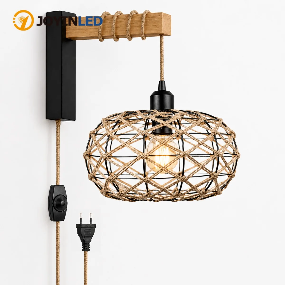 JOYINLED Handmade Hemp Rope Wall Sconces Plug in Wall Lamp, Vintage Wooden Wall Light Fixture for Bedroom Living Room Decor