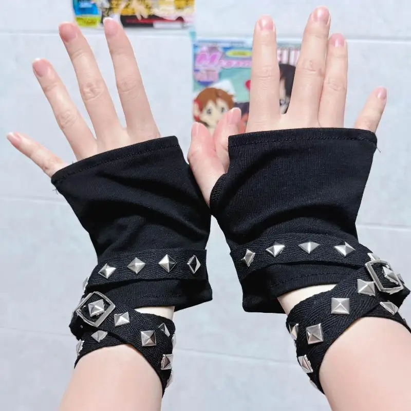 Y2K ゴシックパンク指なし手袋女性のためのリベットオーバースリーブ黒カフコスプレヒップホップファッション衣装アクセサリーストリートウェア