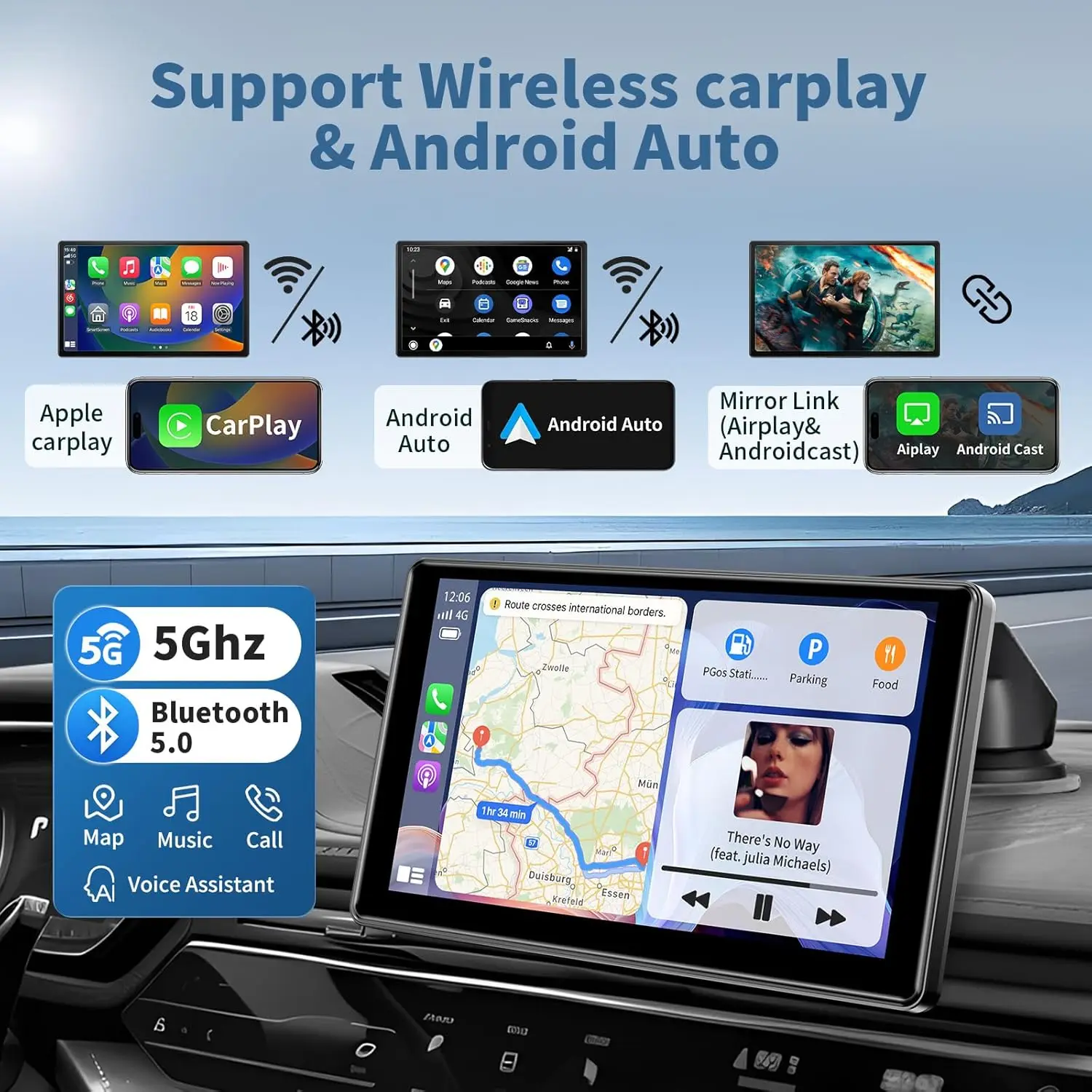 Écran CarPlay portable de 9 pouces avec Android Auto, écran tactile HD, caméra de sauvegarde 1080P, MirrorLink, navigation, commande vocale, Bl