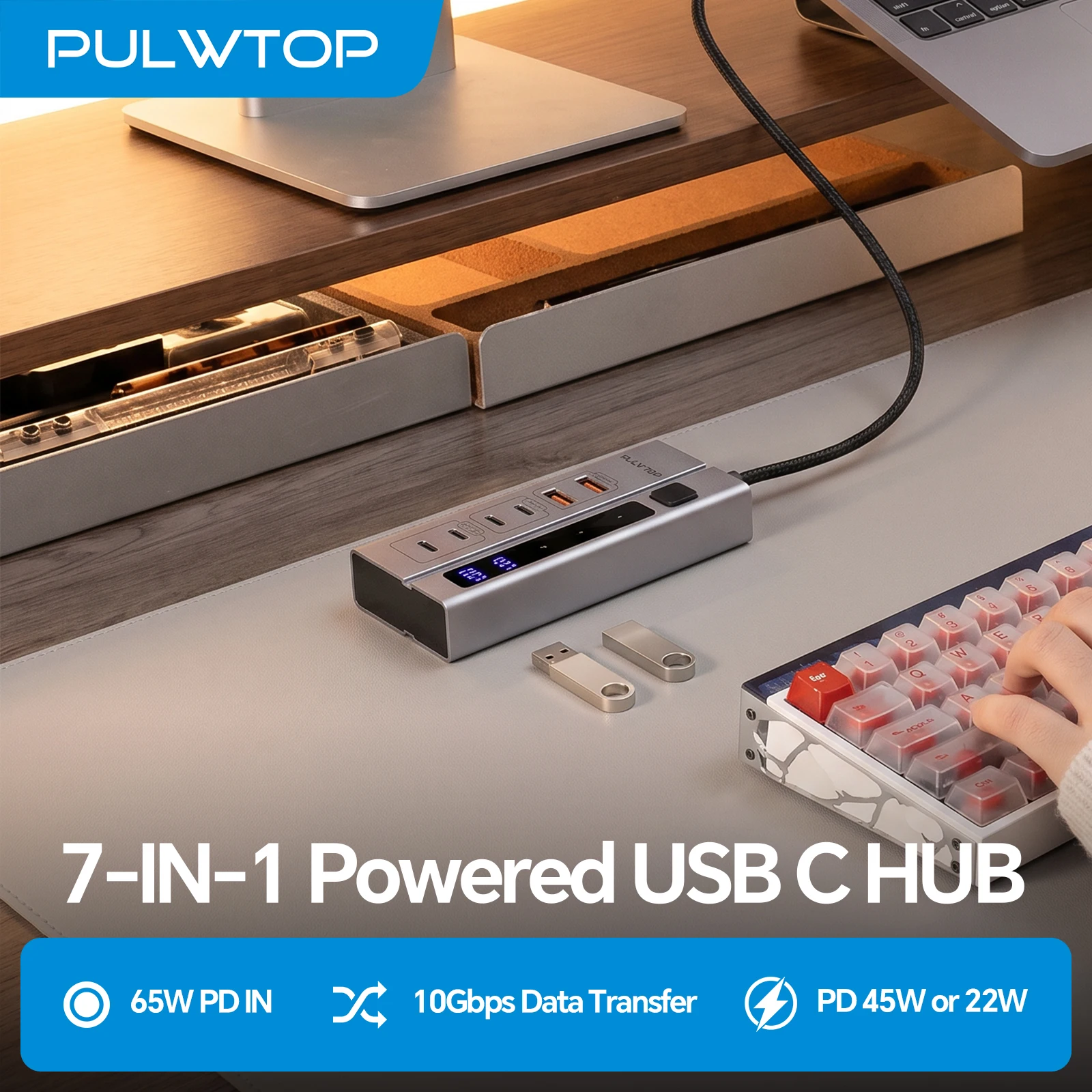 PULWTOP USB C Hub 10Gbps, 2 USB-A 3.2 + 2 USB-C 3.2 Data Ports, 2 USB-C PD Charging, 65W PD-in Power Adapter Powered Hub