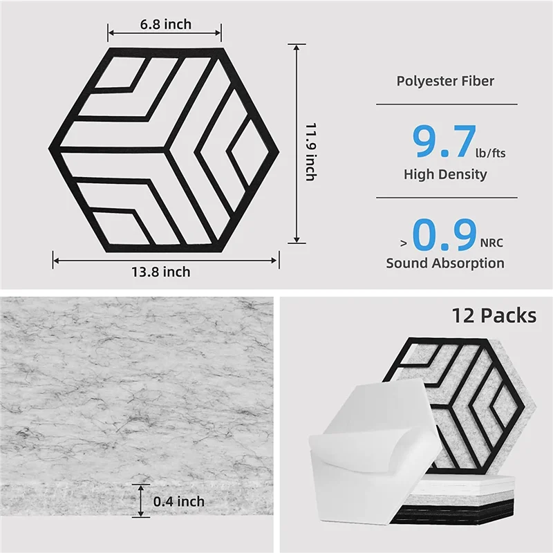 12-częściowe samoprzylepne panele akustyczne, sześciokątne panele dźwiękochłonne, panele dźwiękochłonne do studia nagrań w domu, biurach