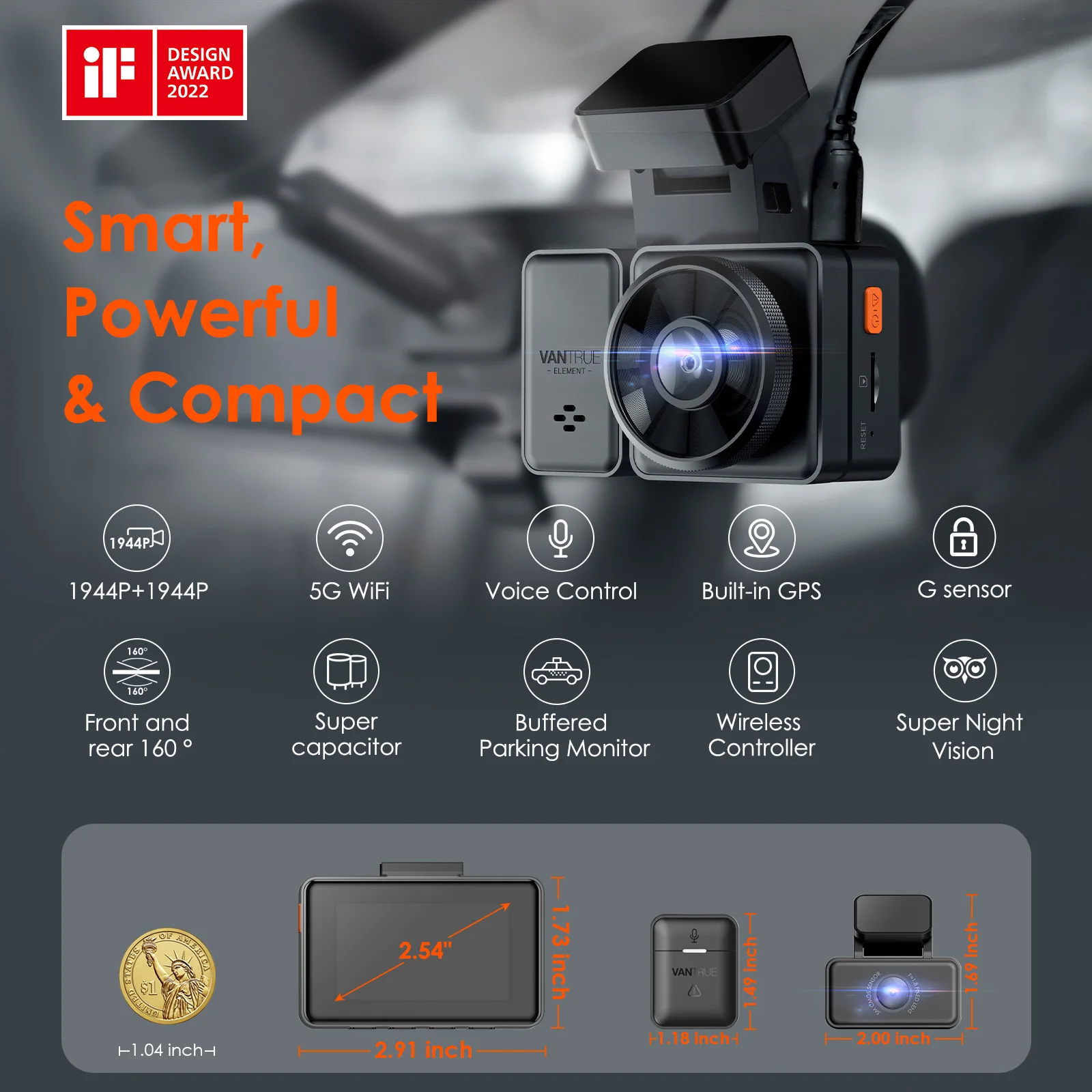 Vantrue E2 Dashcam Front and Rear 2.7K + 2.7K Dual Dash Camera Voice Control WiFi GPS Night Vision 2.0 24H Parking Mode