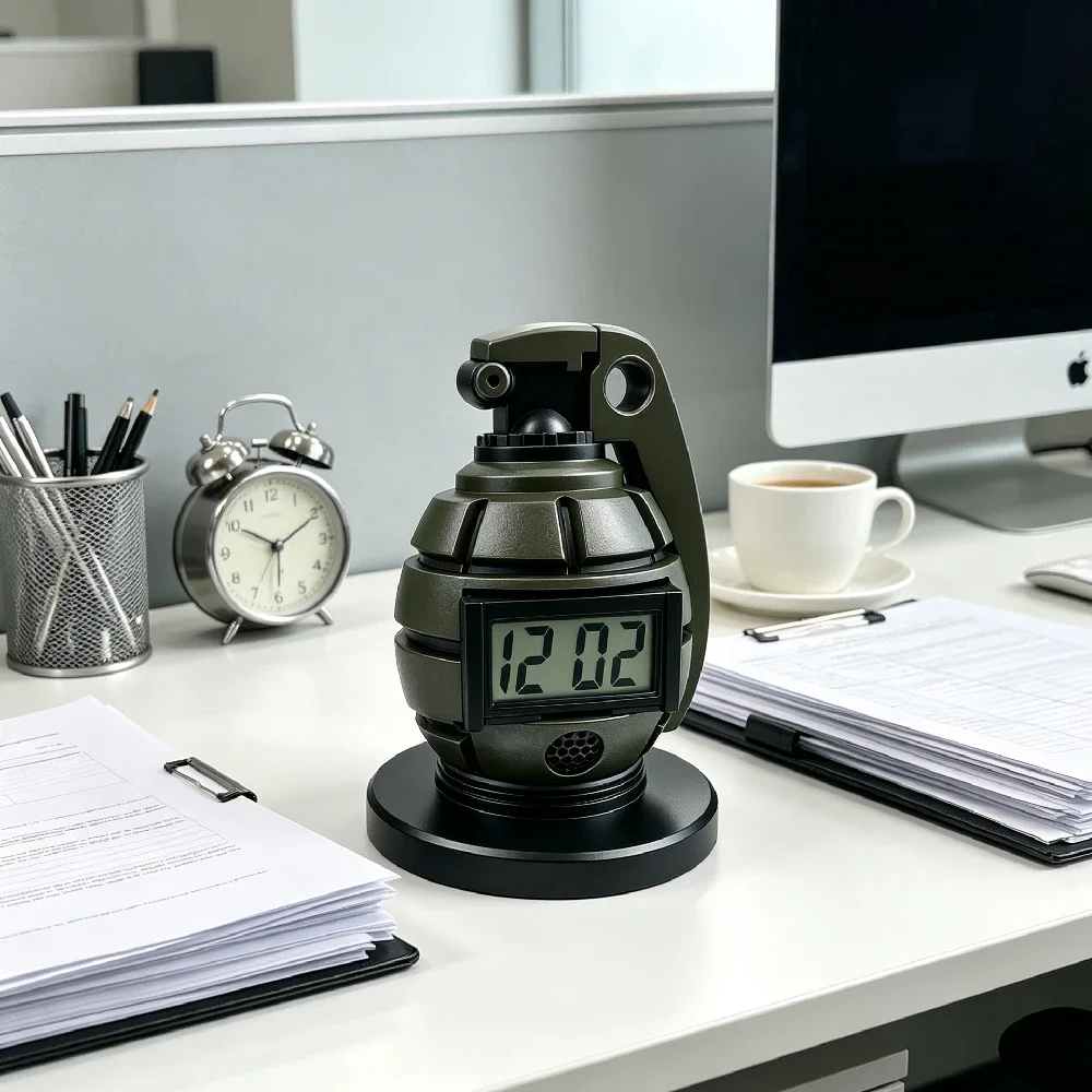 Grenade-Shaped Novelty Alarm Clock with Pull-Pin Shutoff,Loud Drill Sergeant Voice, Flashing LED Light & Vibration,5 Alarm Modes