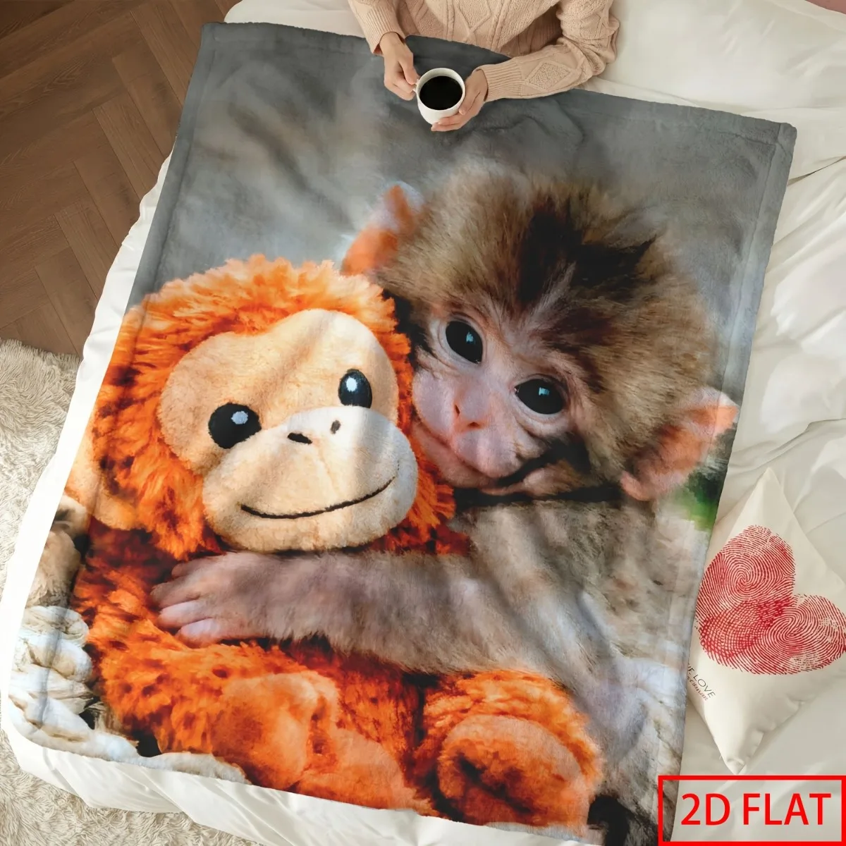 2D Flat Printed 1pc Fun Punch Monkey Party Blanket, Made of High-Density Flannel Fabric, Soft And Warm, Wrinkle-Resistant And Ea