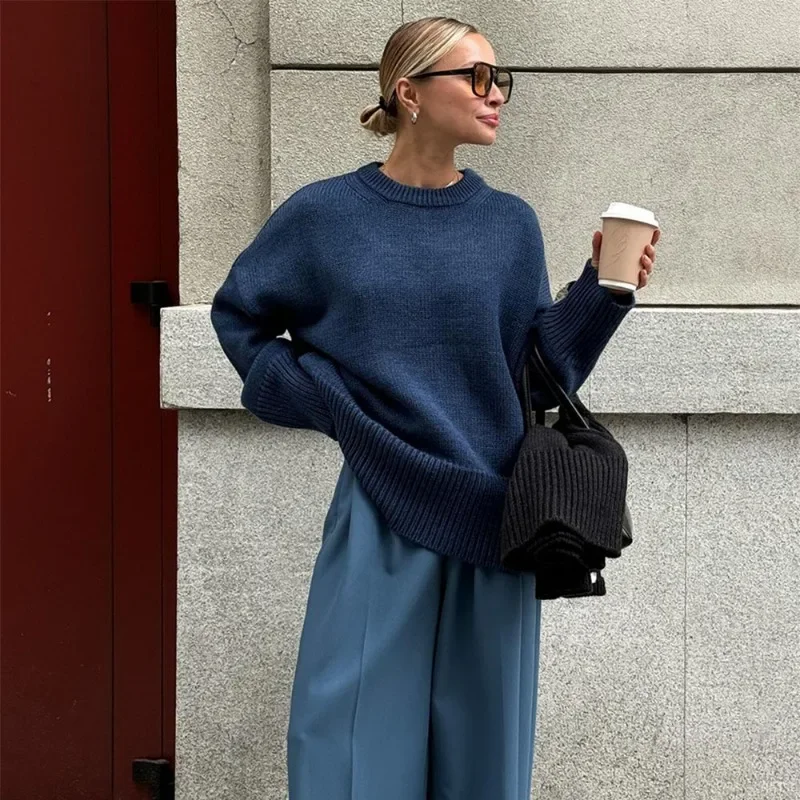 Fall Knitted Sweater Women's Solid Casual Loose O-Neck Pullover Streetwear Versatile Top Long Sleeve Knitted Sweater