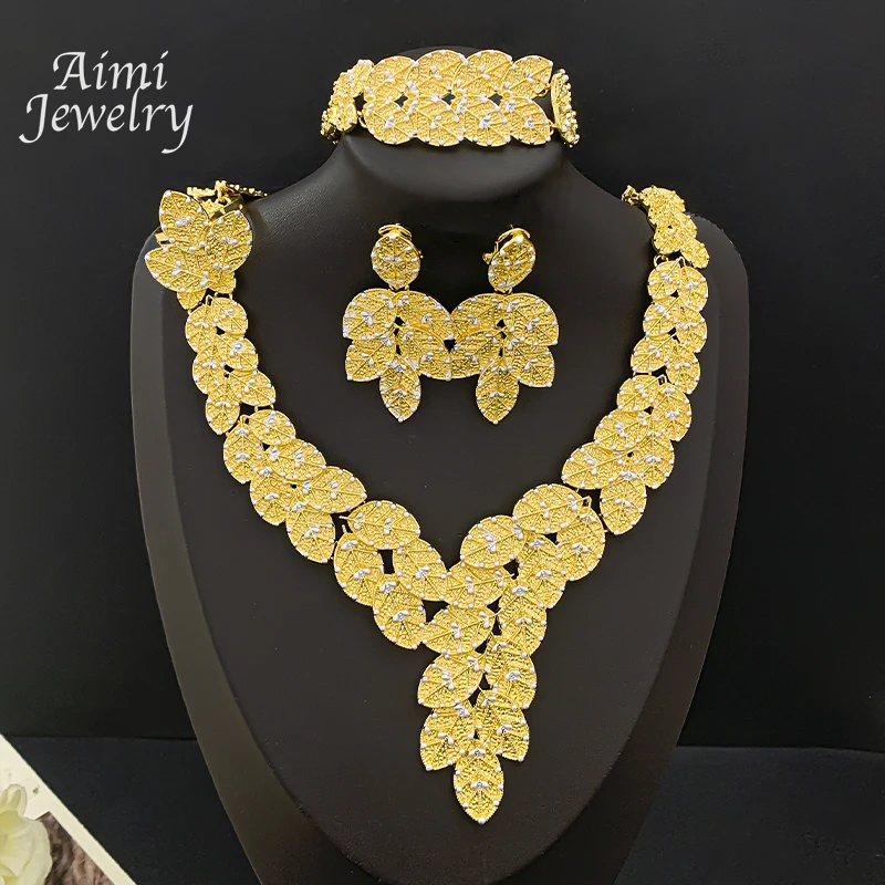 

Leaf Pattern Dubai 18K Gold Plated Jewelry Set for Women Exaggerated Necklace Earring Bracelet Ring Bridal Wedding Party Gifts