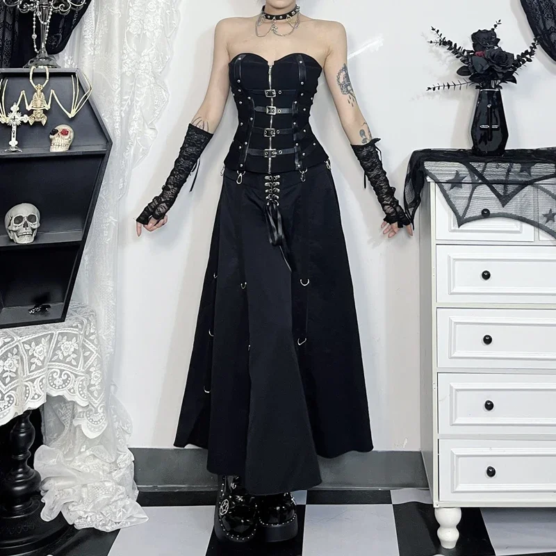 Goth Dark Acubi Fashion Black Swing A-line Skirt Punk Grunge Metal Buckle Streetwear Bandage Skirts Mall Gothic Alt Clother