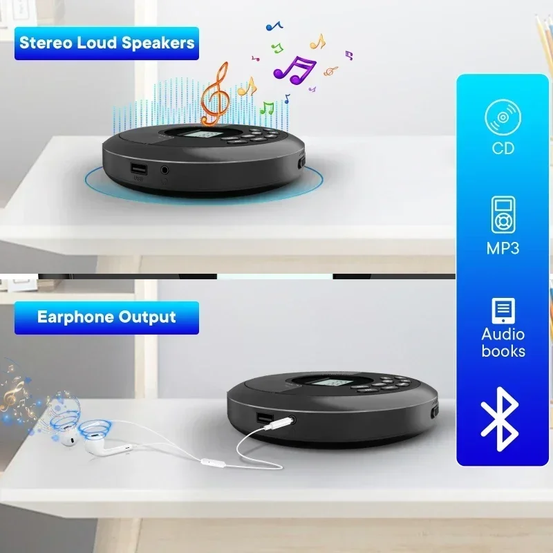 Portable CD Player Bluetooth Music CD Disc Players for Car/Travel/Home Rechargeable Discman with Speakers Headphones MP3 Walkman