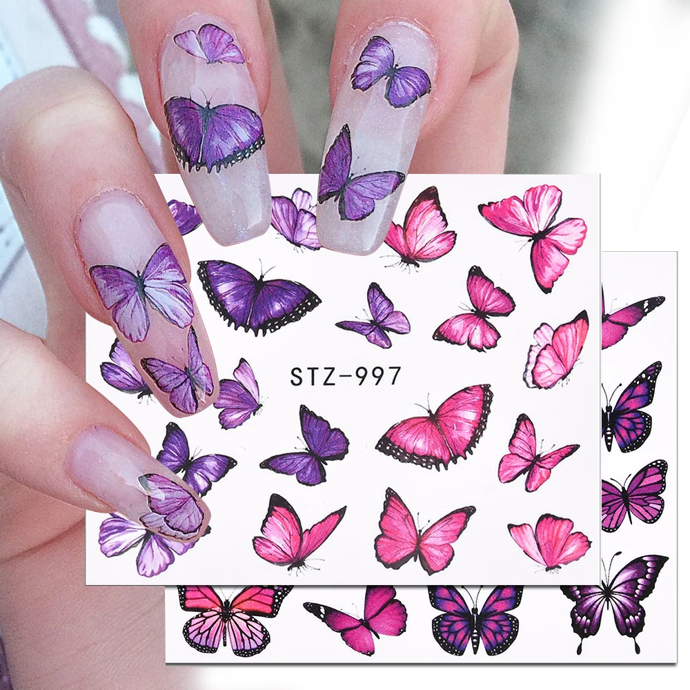 Pegatinas de mariposas para manicura y Arte para uñas, color rosa y morado, calcomanías 3D de primavera, tema de verano, flores, decoración deslizante para uñas, 1 ud.