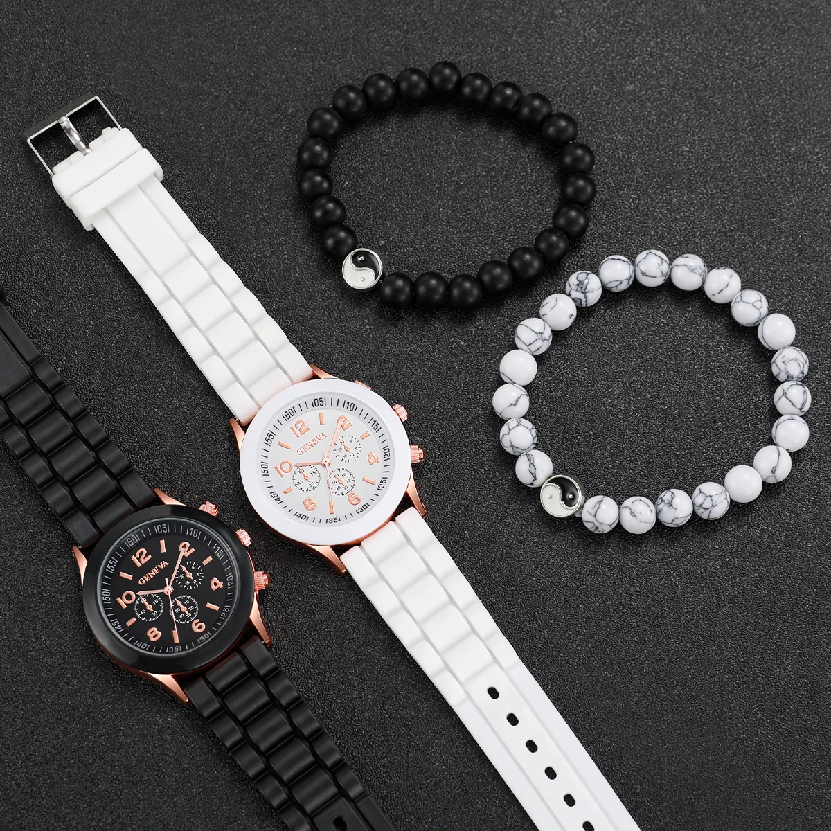 4PCS/Set Women\'s Fashion Watch Silicone Strap Couple Quartz Watch With Black White Bagua Beaded Bracelet