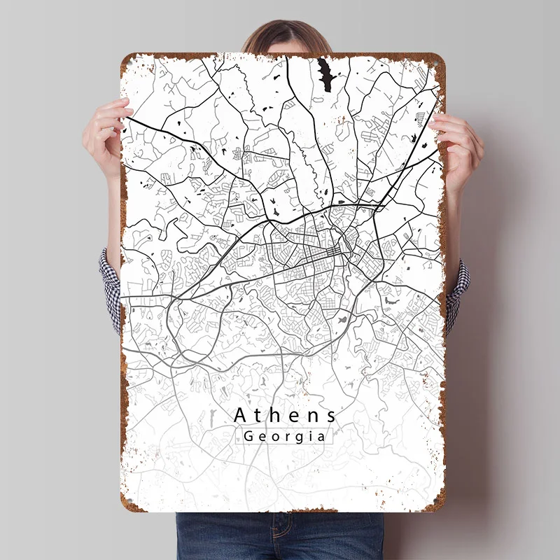 Athens Georgia City Map Poster Customized Wall Art Vintage Metal Signs Retro Tin Plaque for Man Cave Setup Decorations Wand Deko
