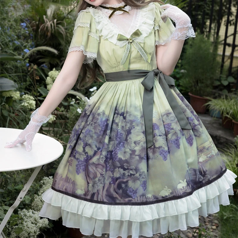 لوليتا نمط Op فستان المرأة عطلة خمر مقوس دانتيل الأرنب العنب طباعة فساتين الأميرة الفتيات تأثيري مساء فستان حفلة حلوة