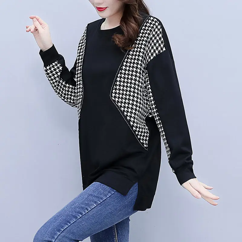 Korean Version Thousand Bird Grid Spliced Spring Autumn New Women\'s O-Neck Fashion Loose Minimalist Casual Long Sleeve Sweatshir