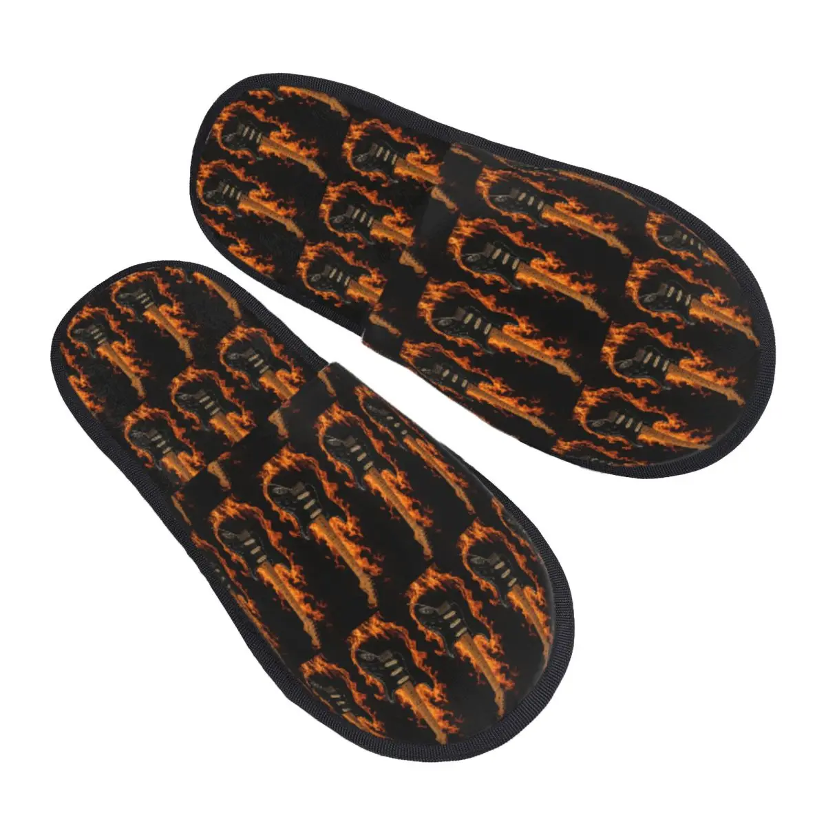 Custom Guitar With Fire In Black Slippers Memory Foam Warm Soft Women House Slipper Bedroom Cozy Shoes