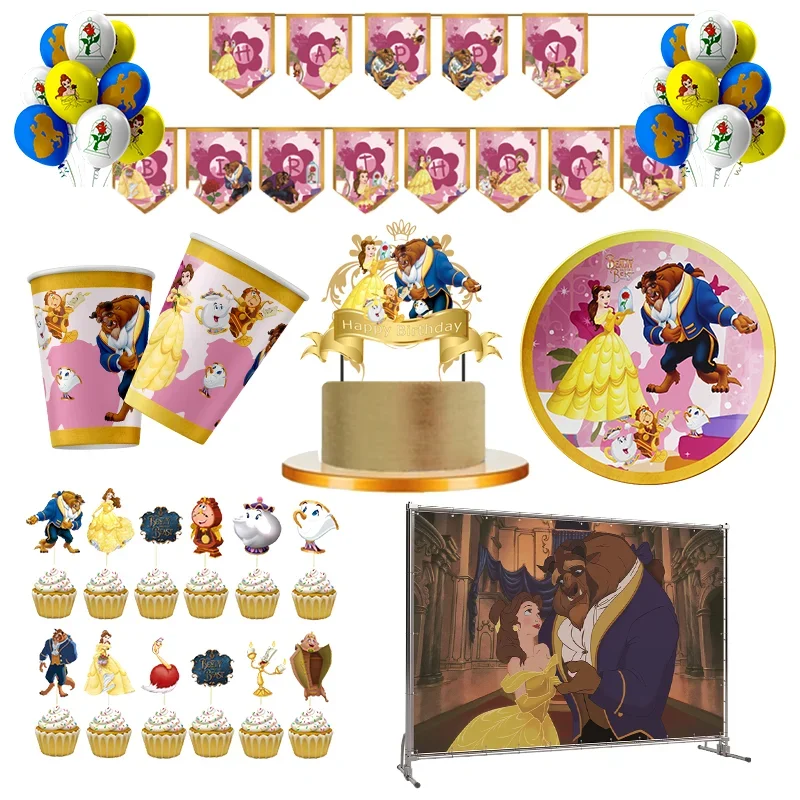 Die Schöne und das Biest, Prinzessin, Kind, Mädchen, alles Gute zum Geburtstag, Party-Dekorationsset, Partyzubehör, Teller, Banner, Ballon, Stroh,