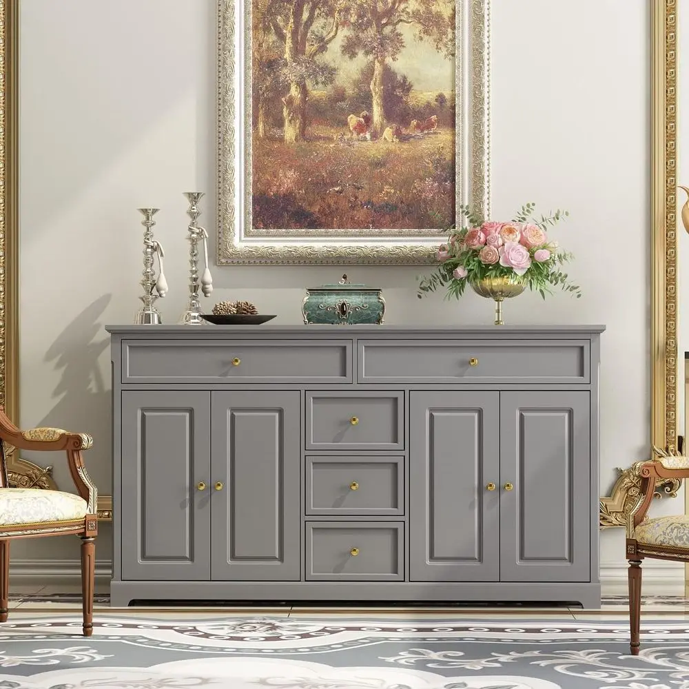 

Large Grey Wooden Sideboard with 4 Doors & 5 Drawers, 59.1 Wide Storage Cabinet for Entryway, Dining, and Living Room