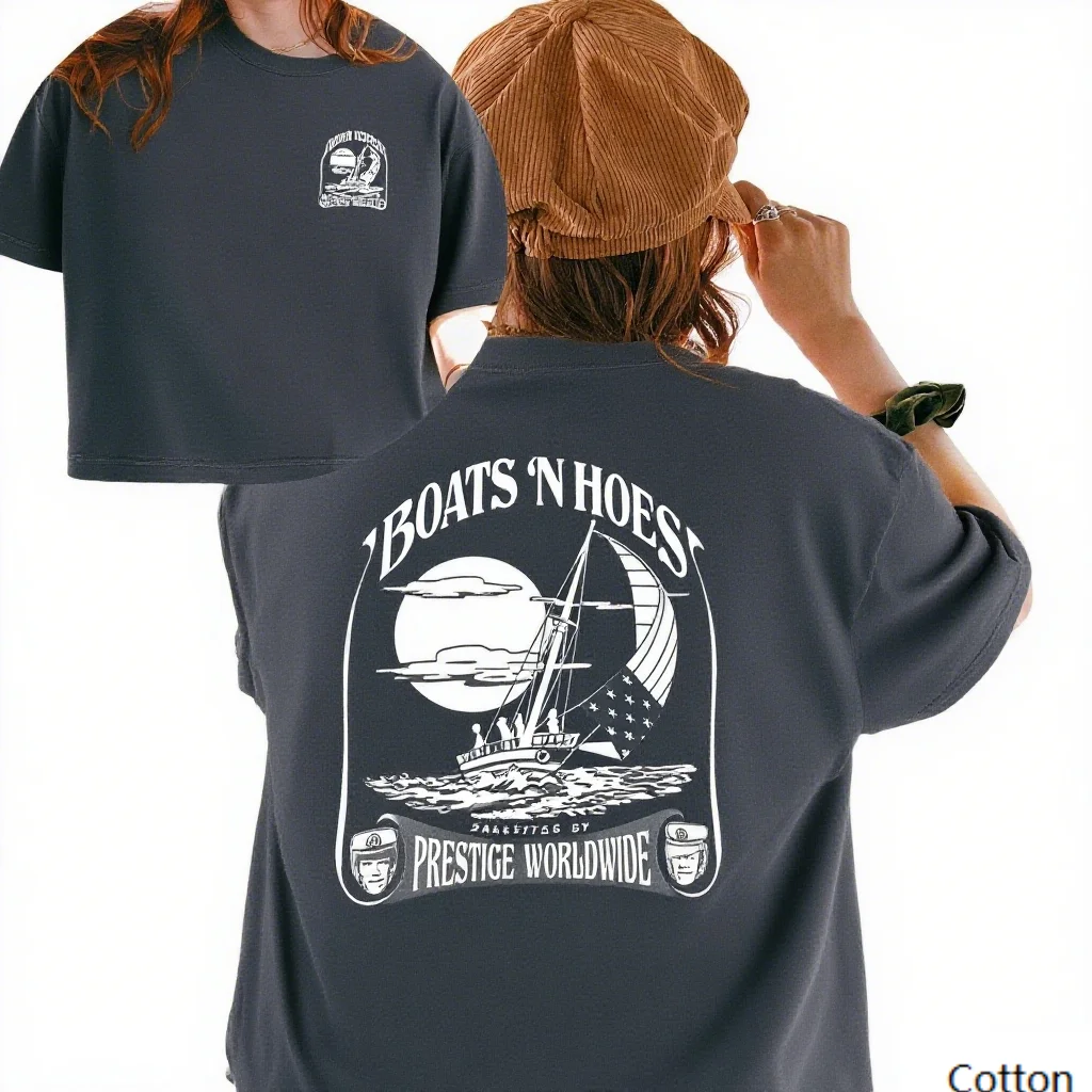 تي شيرت قطني مطبوع عليه Boats N Hoes Prestige Worldwide مستوحى من العلامة التجارية العصرية المطبوعة تي شيرت من القطن الخالص بأكمام قصيرة للجنسين