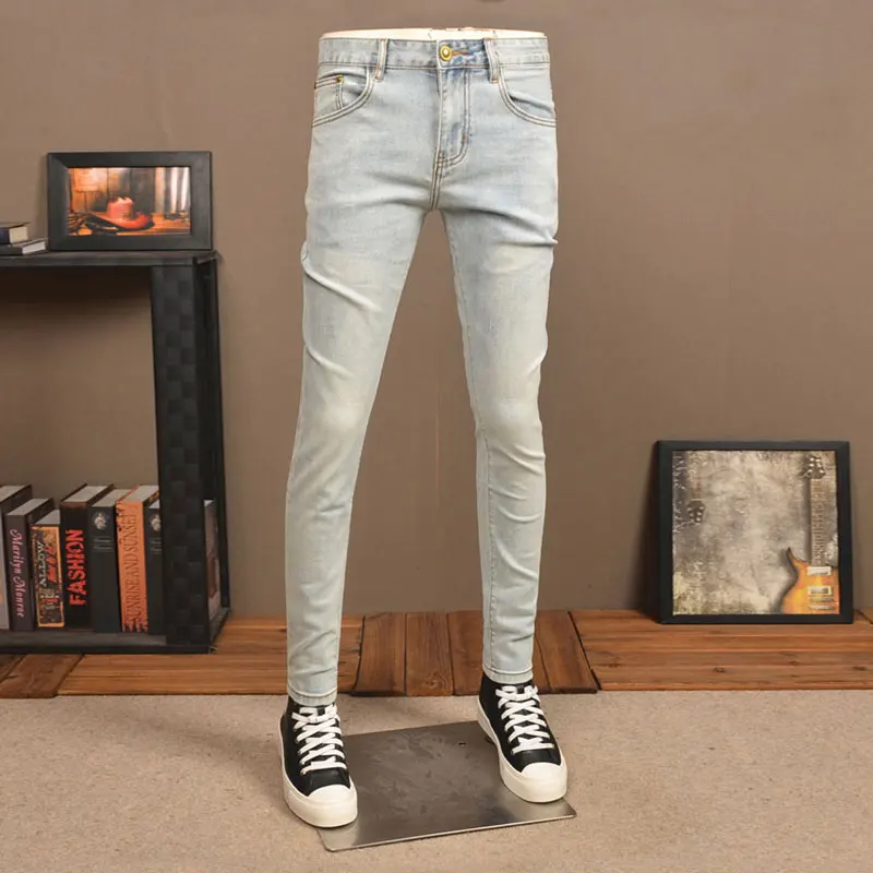 Retro Light Blue Stretch Skinny Jeans for Men High Street Fashion Vintage Designer Casual Denim Pencil Pants Hombre