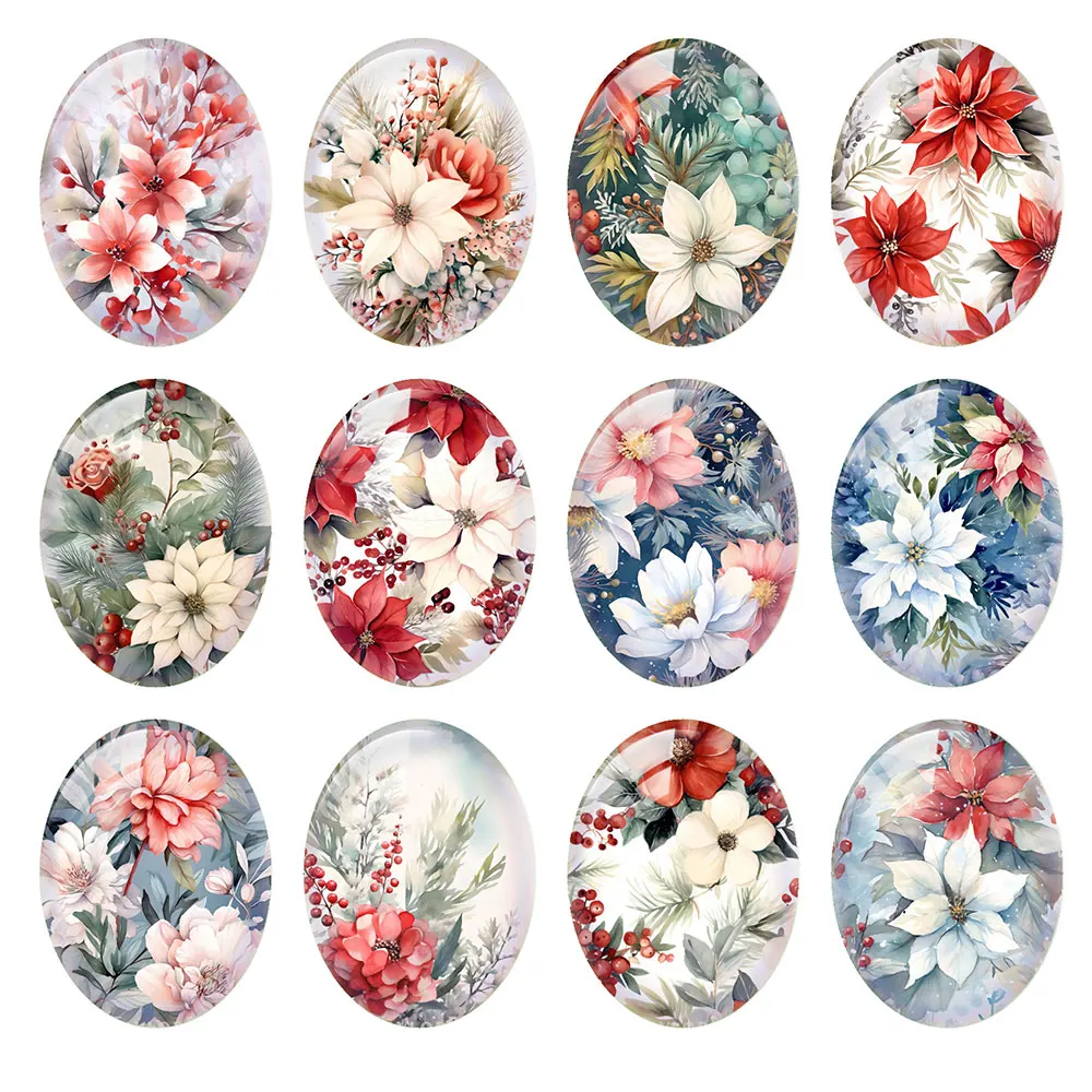 

10pcs/lot Christmas Winter Flower Oval Photo Glass Cabochon Flatback Charms Demo Flat Back Cameo For Diy Jewelry Making