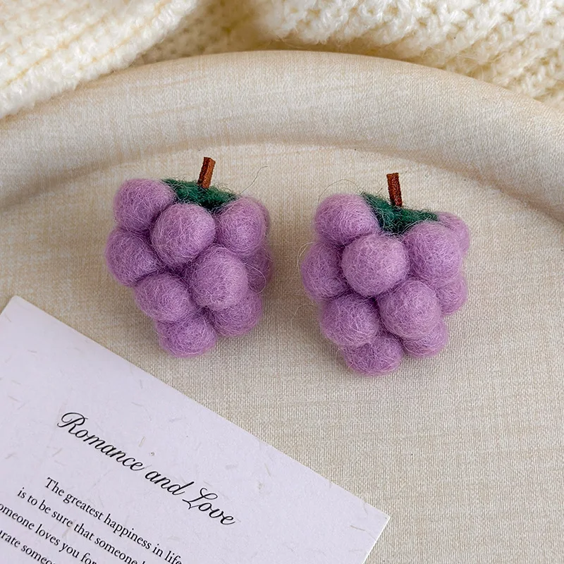 Unique Handmade Dangle Earrings For Women Purple Woolen Plush Grape Design Anniversary Gift Trendy Fashion Jewelry