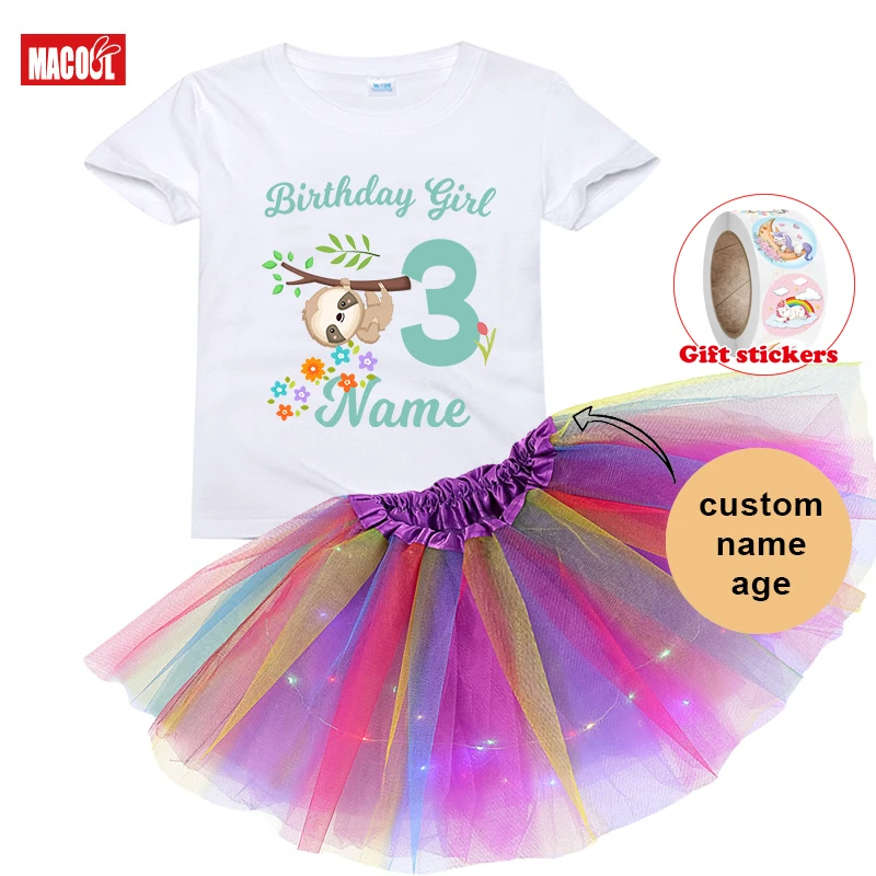 

Girls Dress Set Sloth Cartoon T Shirt Girl Kids Dress Set 3PC Kids Short Sleeved T-shirt+Rainbow Glow Skirt+Children's Stickers