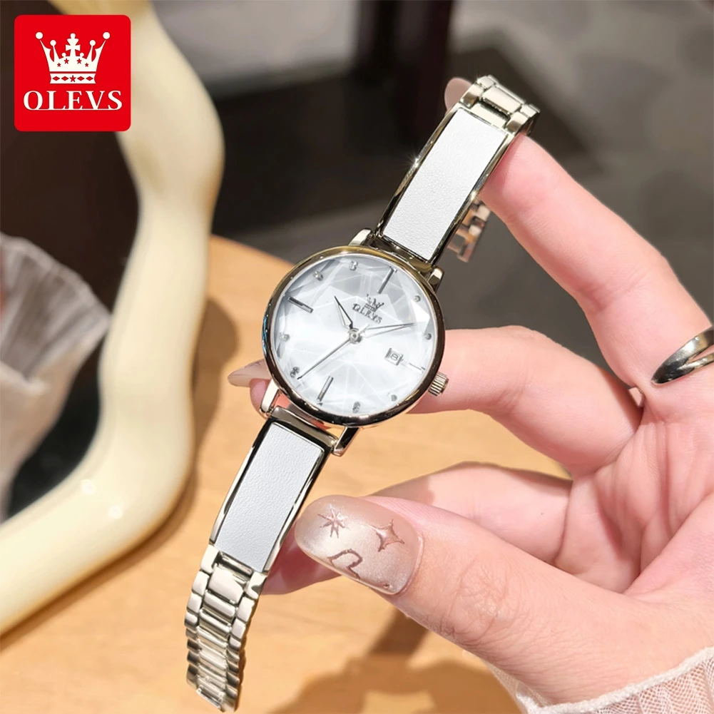 OLEVS Watches for Woman Original Leather Strap Steel Belt Fashion Rhombus Mirror Auto Date Waterproof Quartz Watches 5656 New In