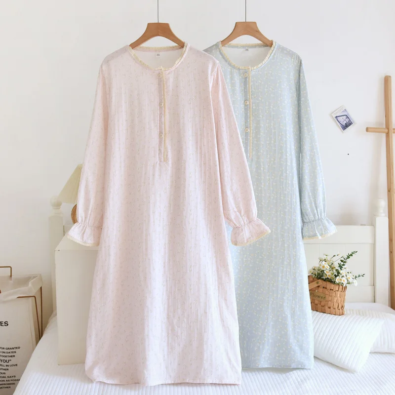 

1-Piece Women's Nightgown, Nature-Inspired Floral Print Sleep Dress, Lace Round Neck & Cotton Gauze Long Sleeve, Lightweight & B