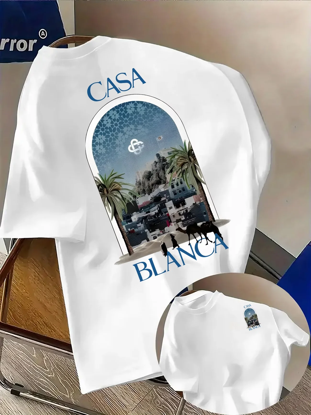 Camiseta masculina de algodão puro com estampa de arquitetura urbana marroquina e fonte Casablanca - Camiseta feminina esportiva e casual YTK