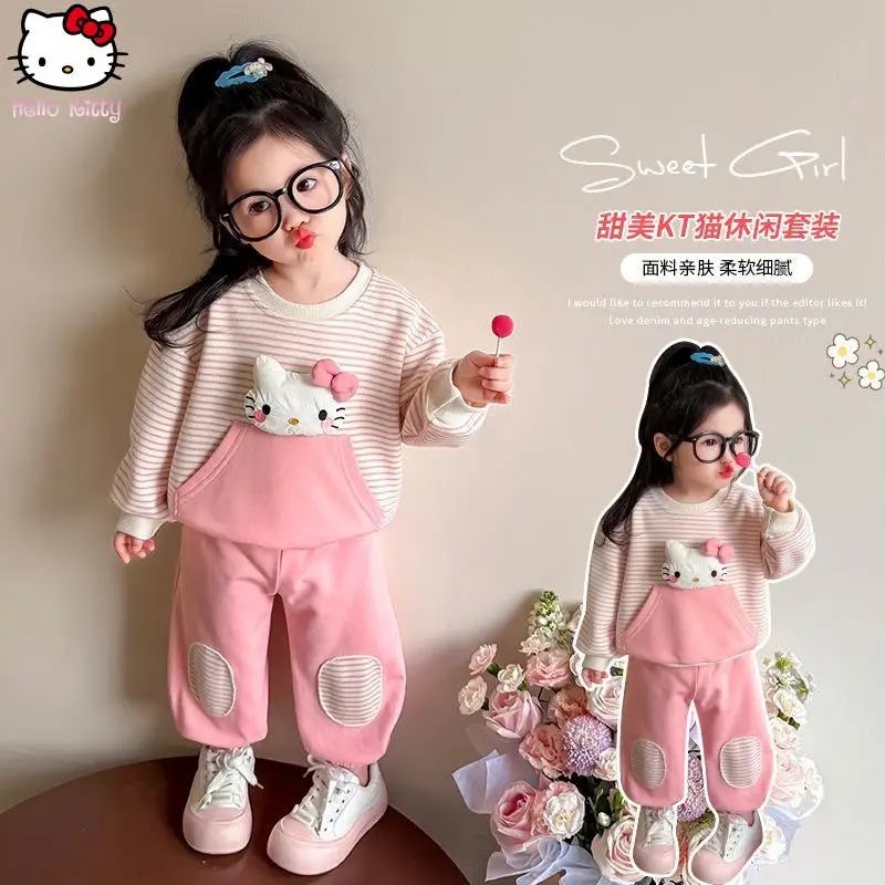 

Одежда для девочек «Hello Kitty», комплект пальто Kawaii Sanrio, осенний новый полосатый свитшот и штаны с героями мультфильмов аниме, повседневный милый комплект