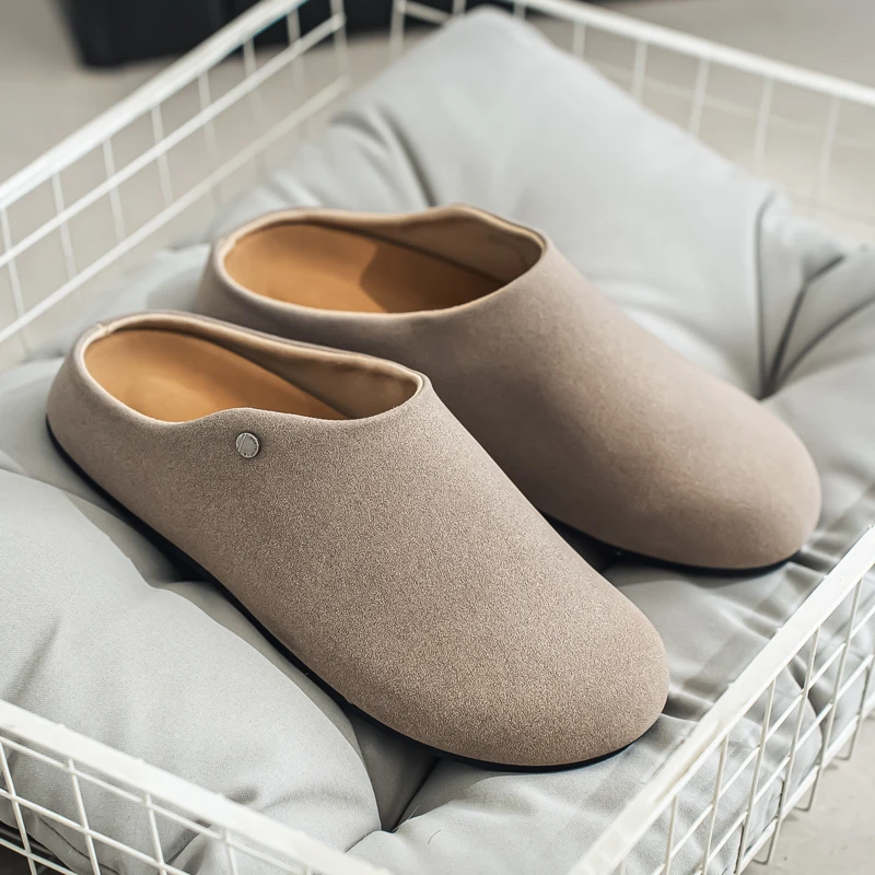 

Leather Half Shoes for Men Mules Large Size 45 46 Semi-Drag Loafers Slippers Open-back Casual Shoes Slides Sandal Slip On Flats