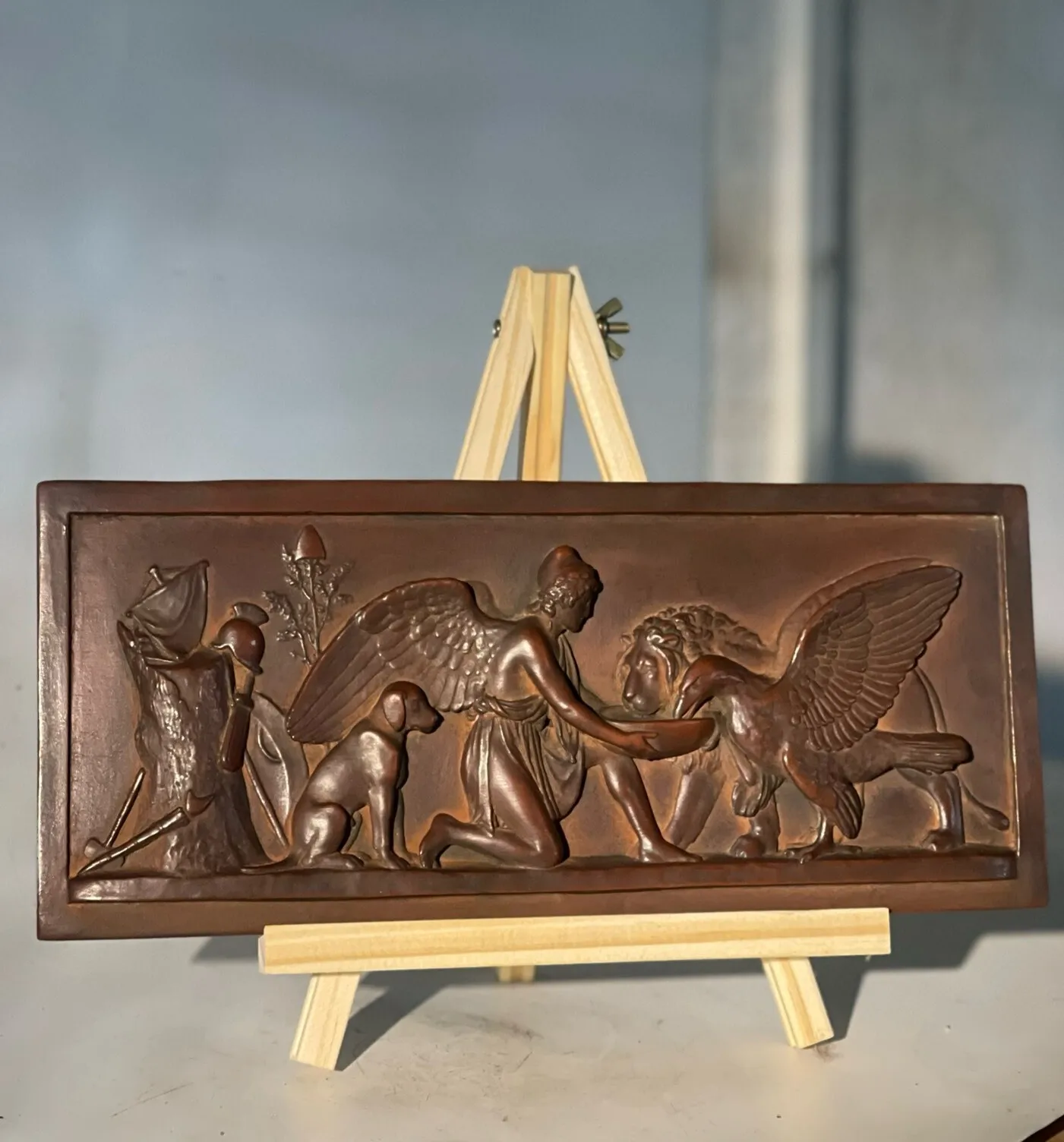 Stone reproduction: Relief of Ganymede, son of King Tros of Troy, feeding an eagle, tabletop decorations, artworks, ornaments