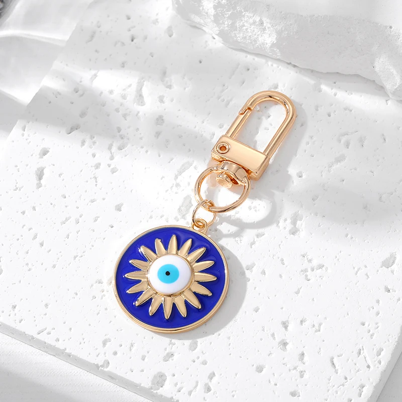 Flower Elephant Blue Evil Eye Keychain Keyring Women Zircon Retro Round Animal Turkish Lucky Eye Bag Car Airpods Box Accessory