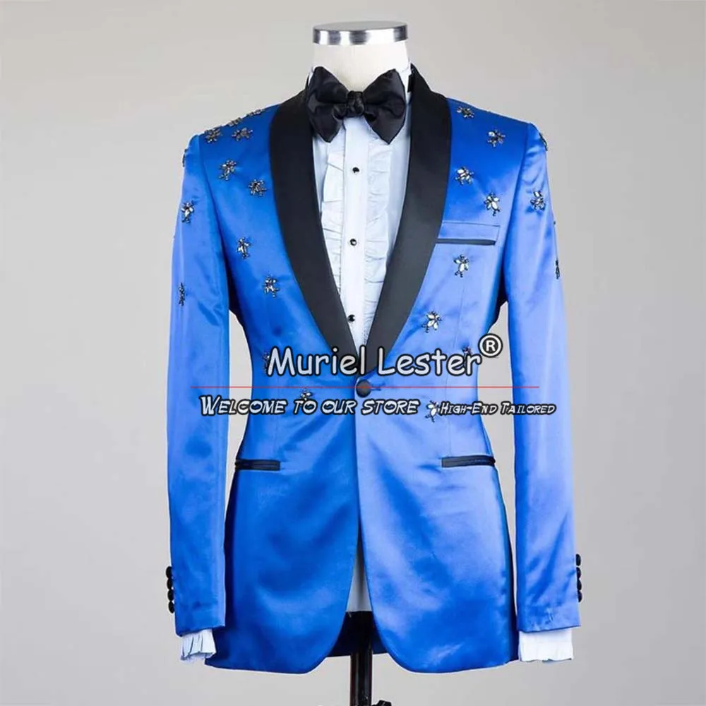 Elegant Blue Velvet Suits Bespoke Sliver Beaded Men's Blazer Formal Groom Wedding Tuxedos Chic Man Clothing Traje De Hombre