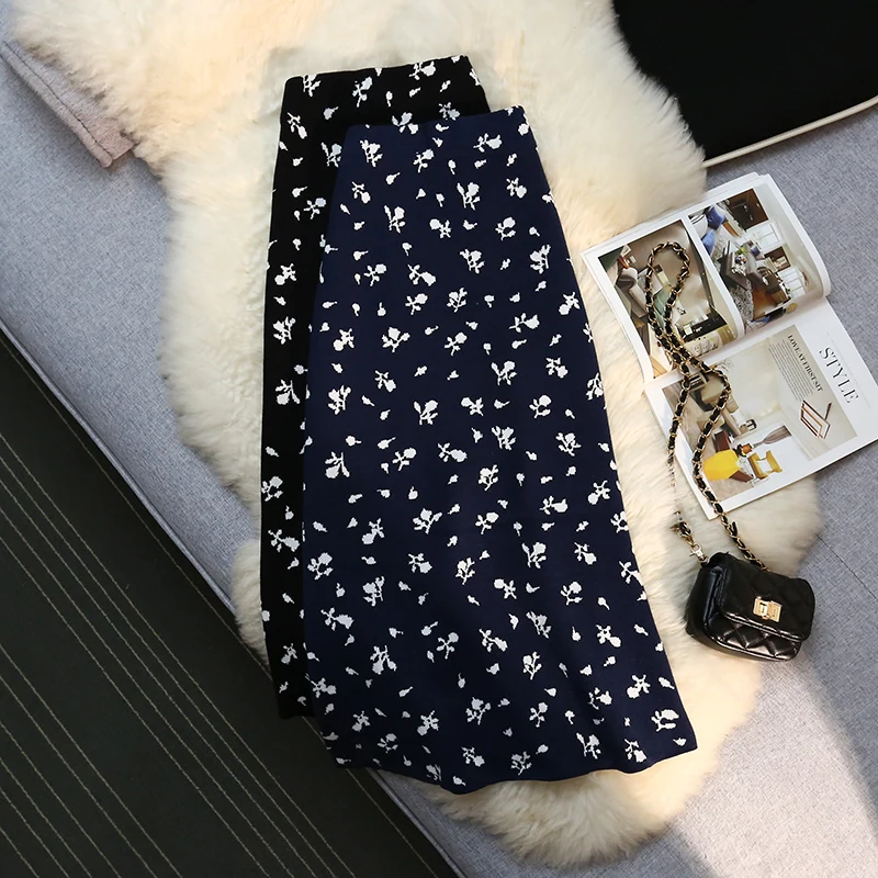 Autumn Winter Flower Knitted Bodycon Pencil Skirt Women Elastic Waist Office Ladies Work Skirt Elegant Female Midi Long Skirts