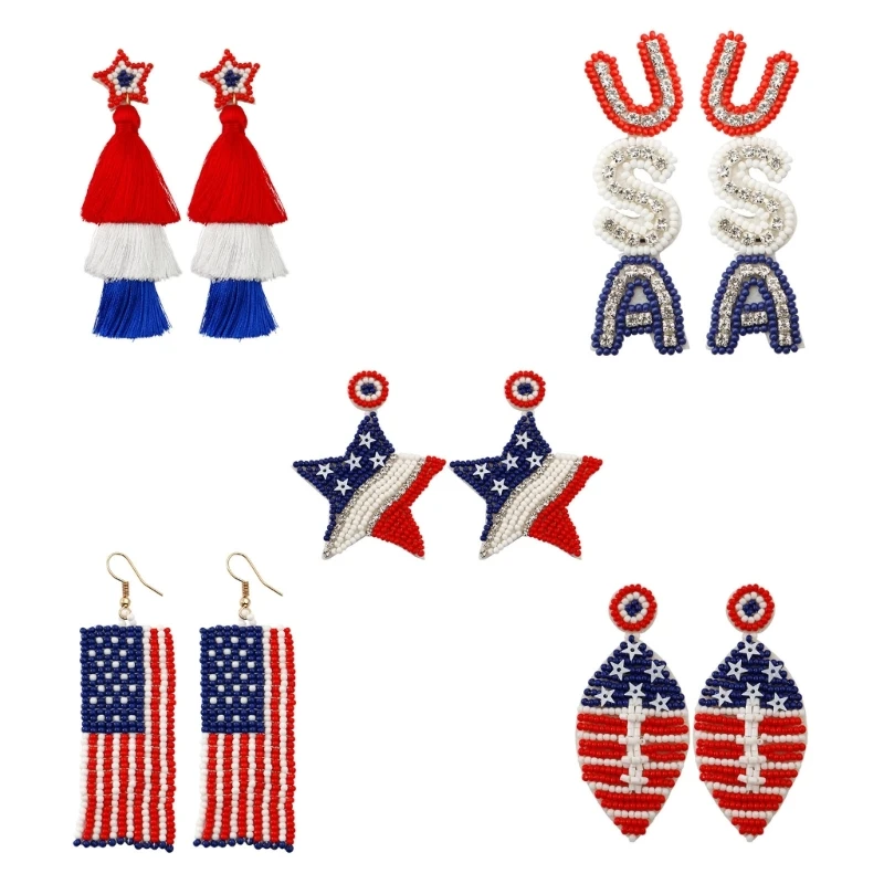 American Independence Day Earrings Hand-Woven Five-Pointed Star Tassel Earrings