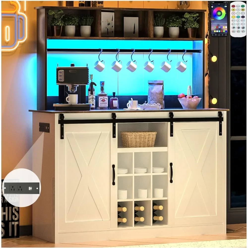 

Farmhouse LED Coffee Bar w/60000-color Lights,Power Outlet,7 Hooks,9Wink Racks,Adjustable Shelf for Tea Liquor Win