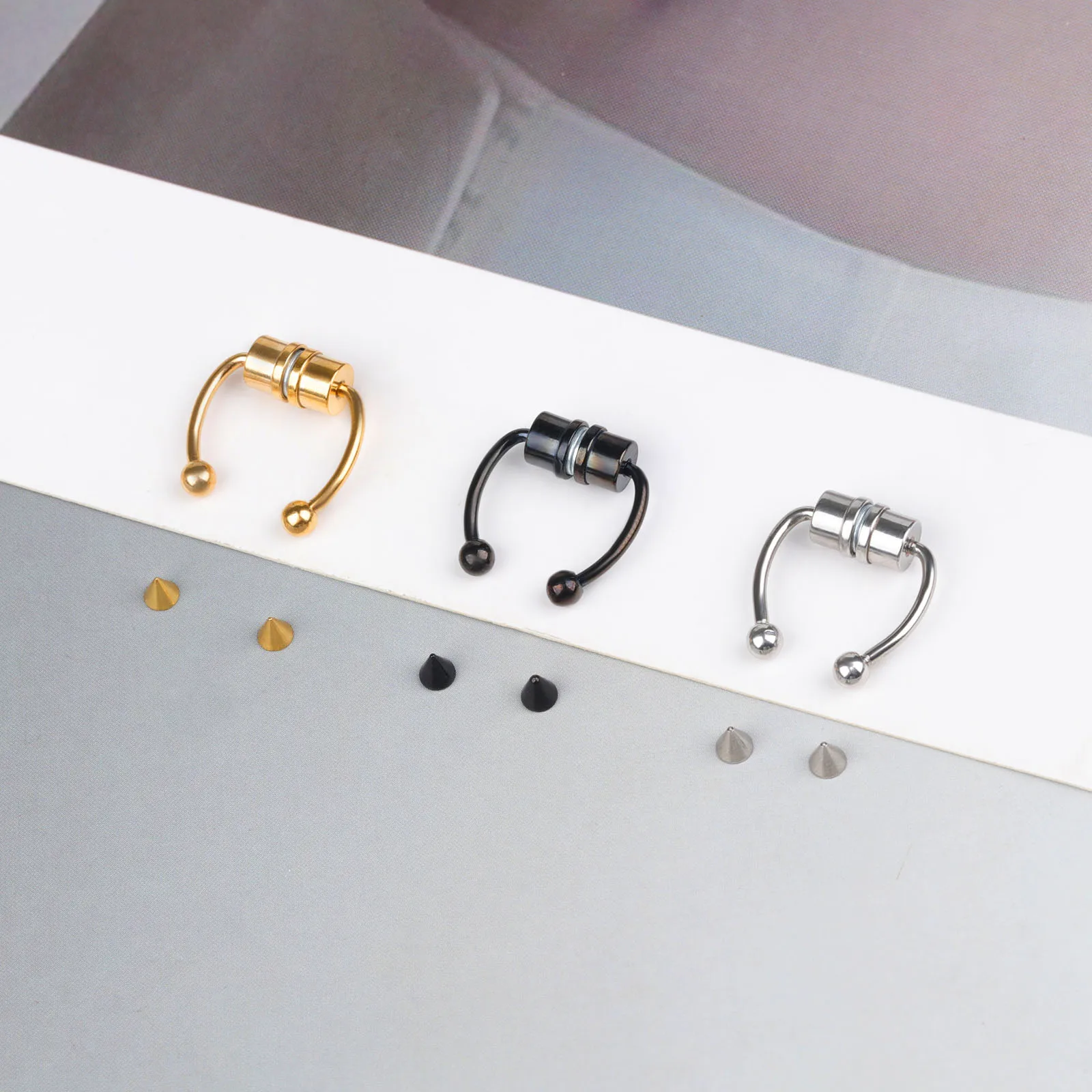 3pcs Magnetic Fake Nose Rings - Stainless Steel Horseshoe Septum Hoops, No-Piercing Clip-on Nose Jewelry view 6