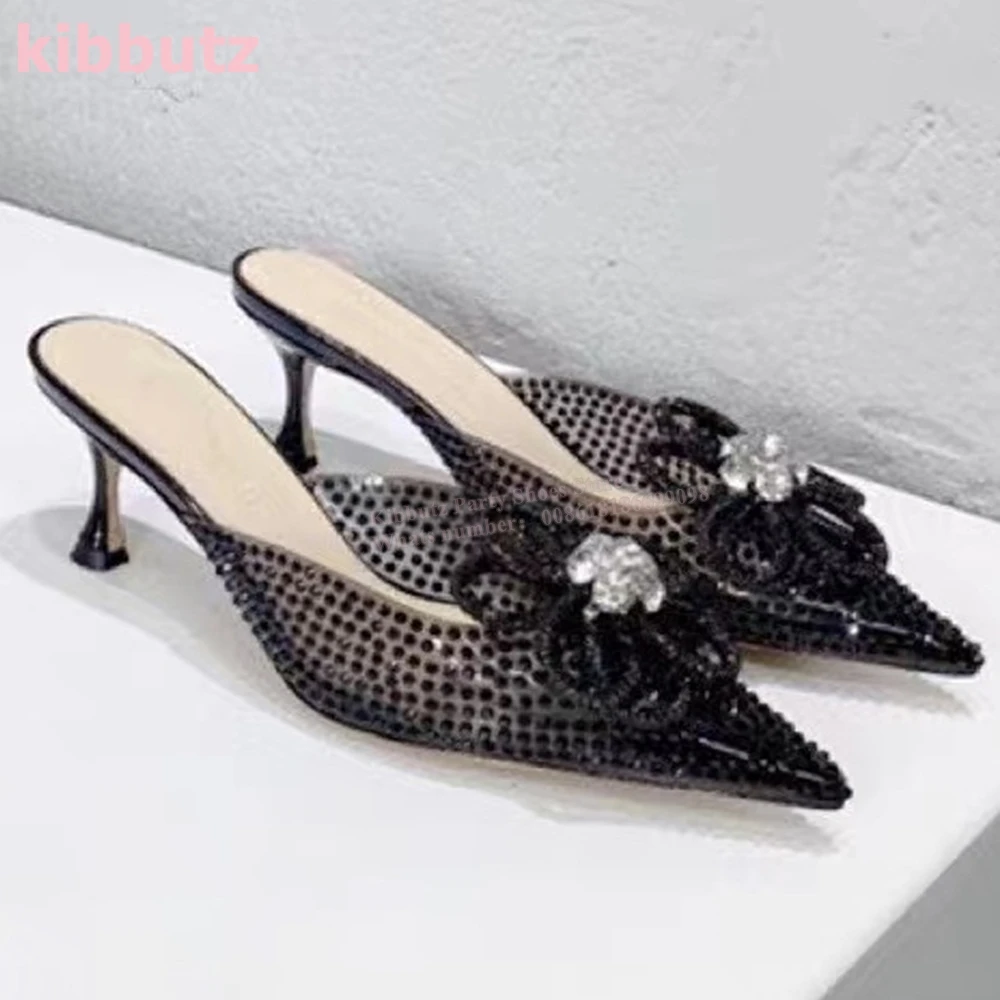 Crystal Flower Slipper Sandały Błyszczący szpiczasty nosek Kitten Heel Slip-On Solid Color Fashion Eleganckie seksowne buty ślubne dla kobiet