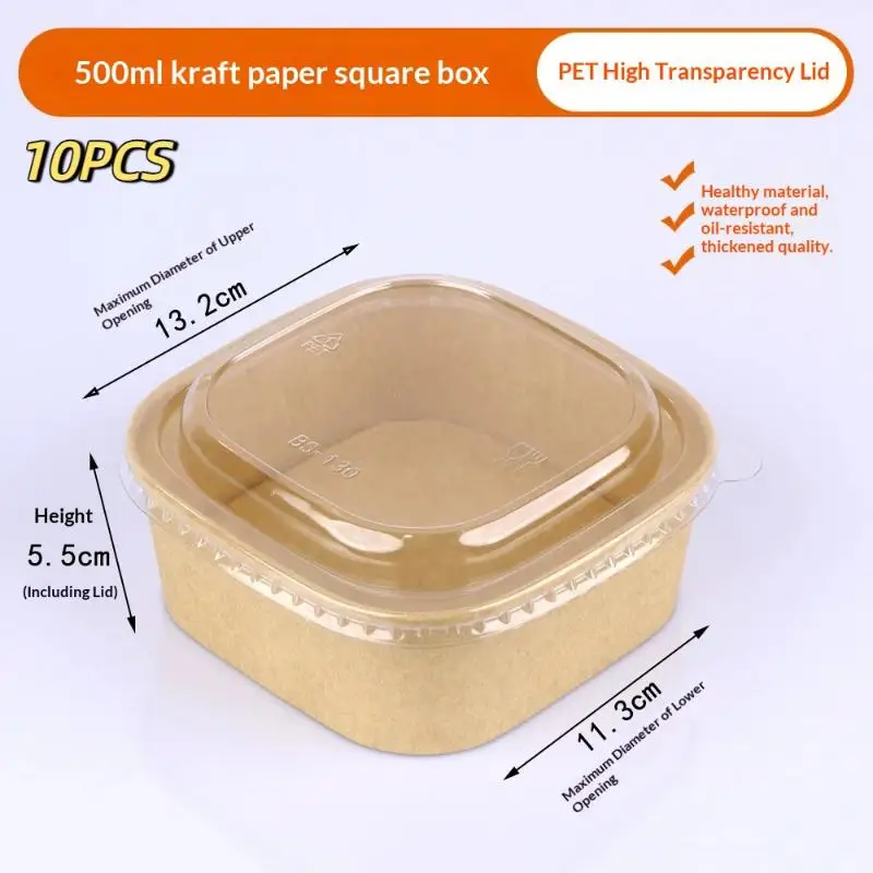 10Pcs Disposable Lunch Box Kraft Paper Square Lunch Box Fast Food Packing Boxes Paper Bowls With Lid Household Bento Boxes
