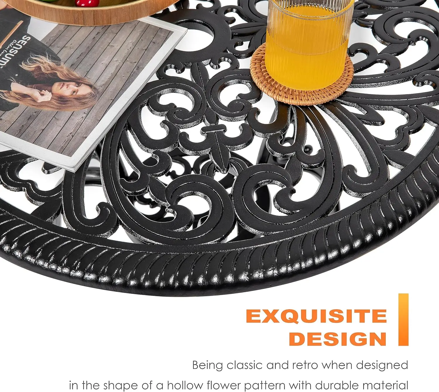 طقم بيسترو خارجي مكون من 3 قطع، طاولة فناء مصبوبة لجميع الأحوال الجوية وكرسيين مع فتحة مظلة، أسود