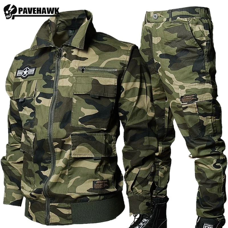 Mens Camouflage Training Suit Cotton Elasticity Multi Pocket Tactical Tooling Jacket 2-Pcs Special Forces Outdoor Combat Set