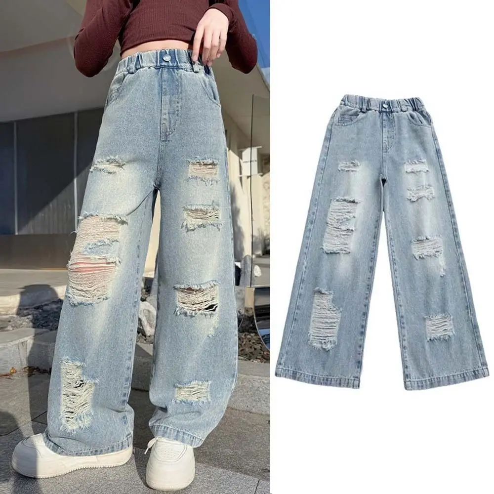 

Рваные широкие детские джинсы, свободные брюки с высокой талией, синие джинсы для девочек-подростков, прямые джинсовые брюки в корейском стиле для девочек, детские брюки