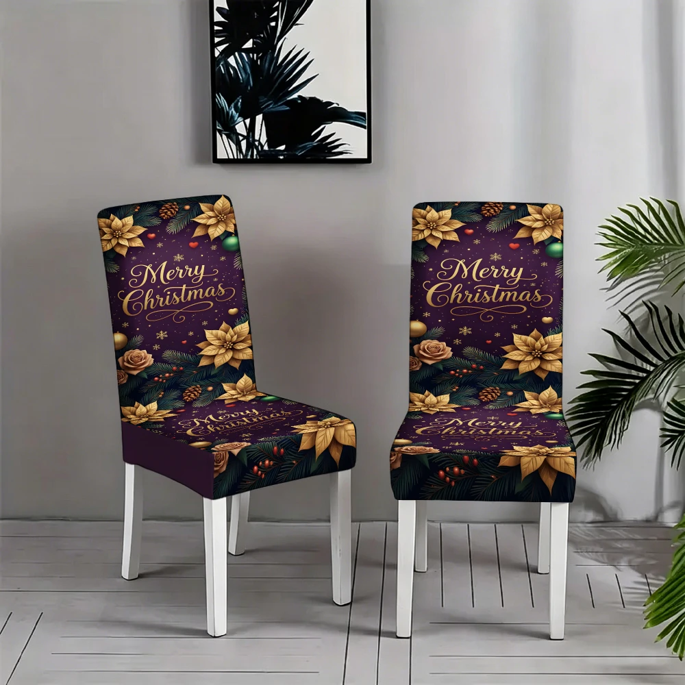 Christmas deep purple gold-plated one-pink rose pattern printed stretch chair cover,  suitable for Christmas party decoration