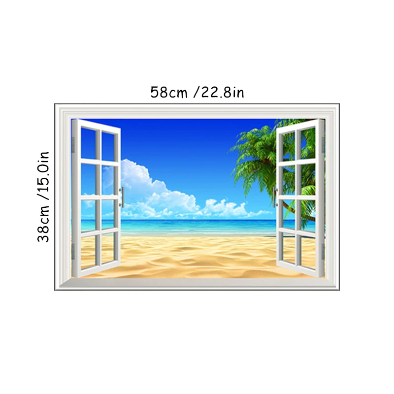 Several Styles Sea View Mural Fake Window Art Beach Blue Water Palm Tree Vinyl Wall Stickers for Home Decoration Aesthetic Rooms