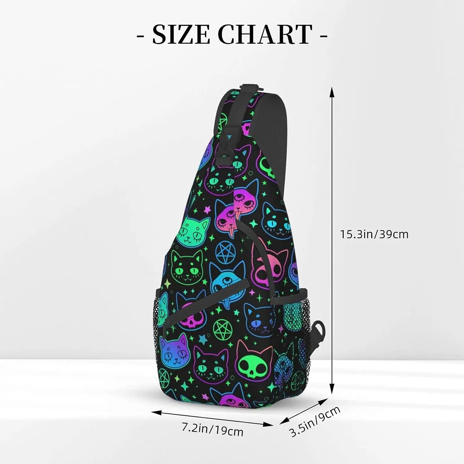 Cartoon Witchcraft Cat Skull Neon Colorful Sling Backpack Crossbody Sling Bag Travel Chest Daypack Hiking Shoulder Bag for Adult