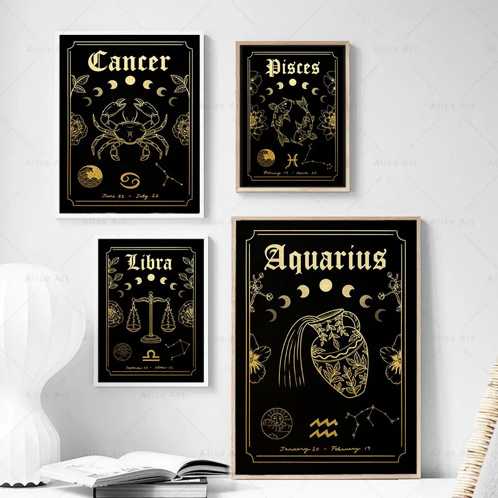 Black Golden Zodiac Astrology Poster Print Cancer Leo Boho Twelve Constellations Art Canvas Painting Pictures Home Wall Decor