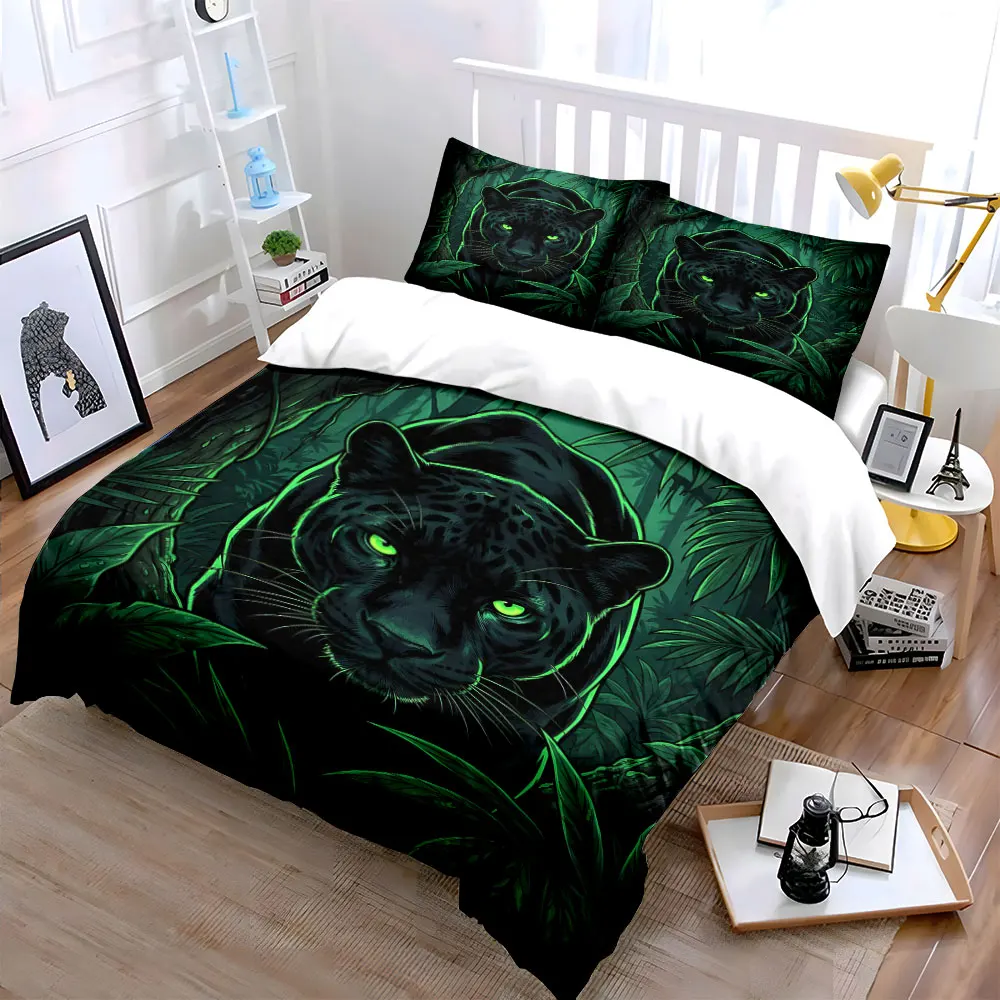Green-eyed panther in dark jungle Pattern Duvet Cover Set Digital Print Colorful Polyester Bedding with Zipper Closur for gifts