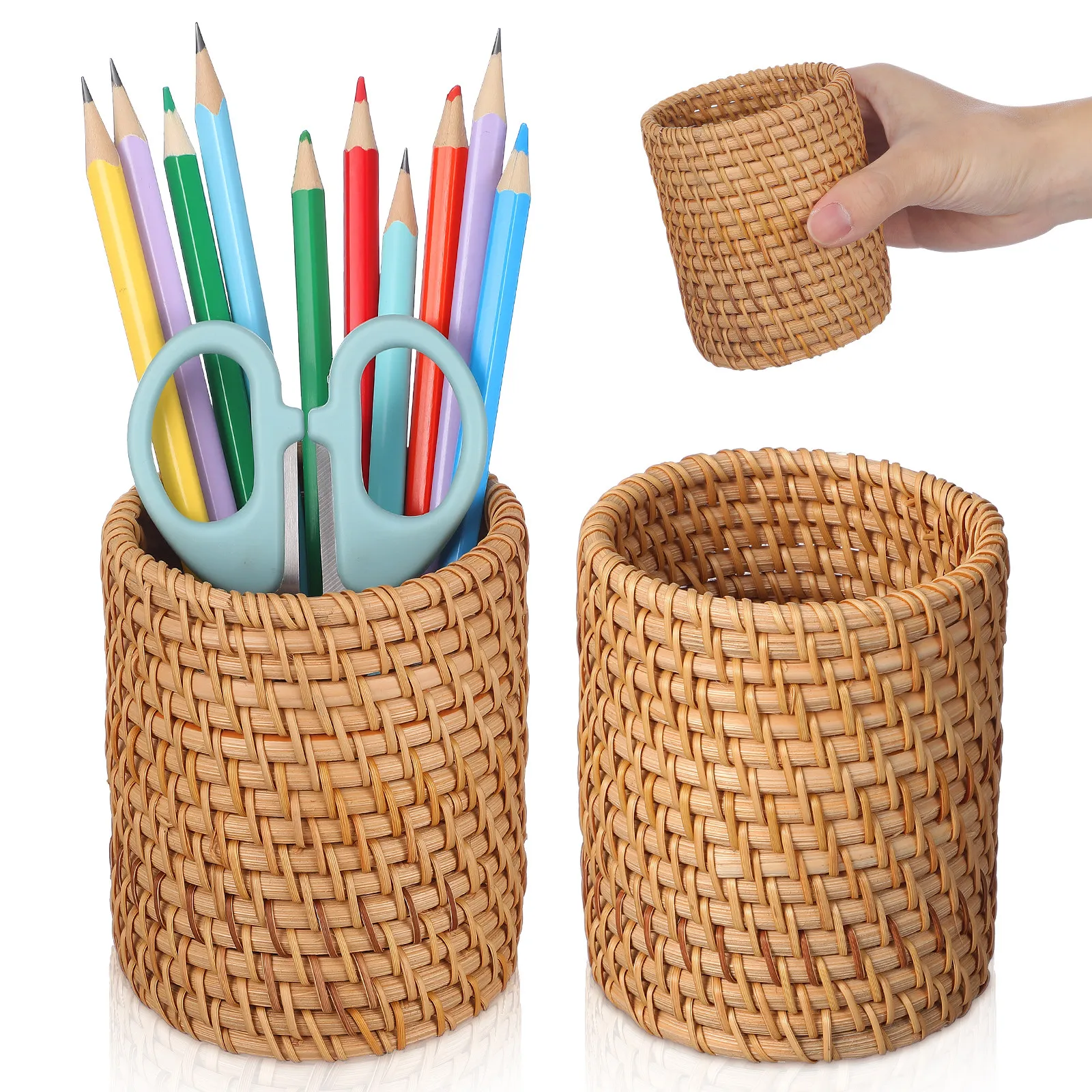 

2Pcs Woven Wood Pencil Cup Rustic Stylish Desk Organizer for Pens Pencils Brushes Scissors Craft Supplies Teacher Student Home